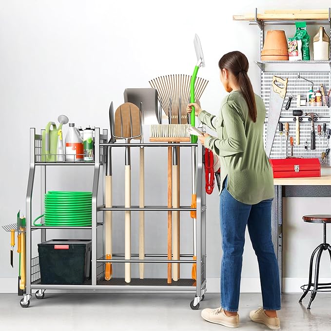Ultrawall Garden Tool Organizer, Yard Tool Storage Rack for Garage Organization with Lockable Wheels, Garden Tool Stand for Rake, Brooms, Indoor & Outdoor Use-VerdiqueGarden