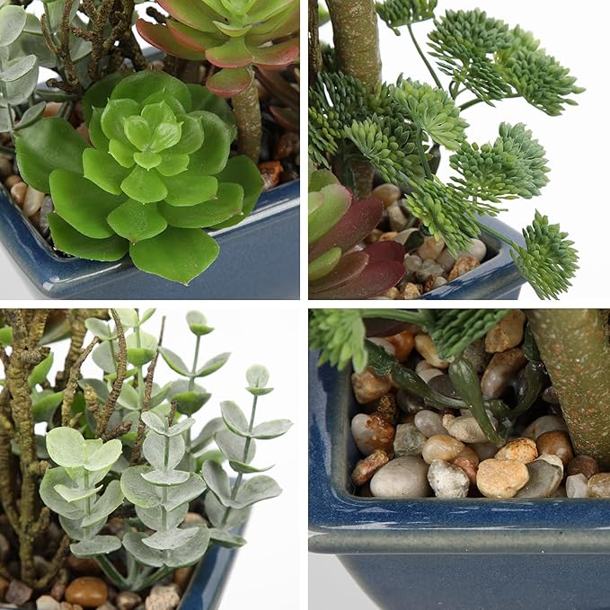 Small Faux Plant Assorted Fake Succulents Plants with Glazed Ceramic Pot Faux Succulents Arrangement Cement Potted Desk Plants Small Fake Plants for Home Table Office Bathroom Shelf Living Room Decor-VerdiqueGarden