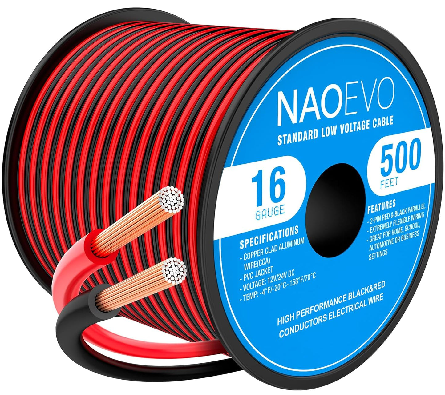 NAOEVO 16 Gauge Wire 500FT, 2 Conductors Electrical Wire Red Black Cable, Flexible/Low Voltage/PVC 16 AWG Copper Clad Aluminum Extension Cord for Speaker, LED Strips, Automotive 12V/24V DC-VerdiqueGarden