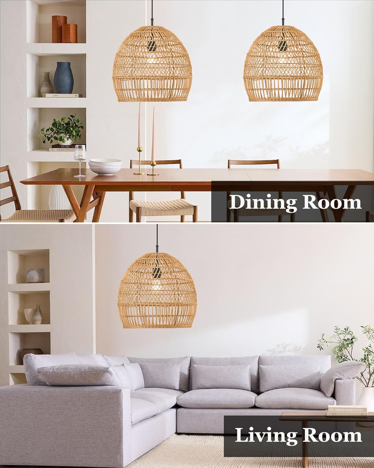 ELYONA 16” Large Boho Rattan Chandelier, Modern Rustic Wicker Pendant Light Fixtures, Basket Hand Woven Hanging Lamp for Coastal Kitchen Island Dining Room Living Room Bedroom Foyer (40cm*40cm)-VerdiqueGarden