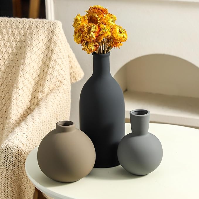 Ceramic Vase Set of 3 | Neutral Vases Home Decor | Modern Flower Pottery Vases Rustic Farmhouse Vase for Table Entryway Mantel Centerpiece Bookshelf Living Room Bathroom Bedroom -Multicolor Large-VerdiqueGarden