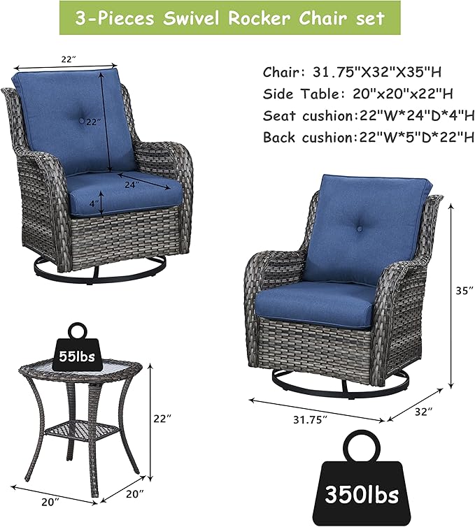 Outdoor Patio Swivel Rocker Chairs - 3 Piece Patio Bistro Set,Wicker Patio Furniture Set with 2 Swivel Rocking Chairs and 1 Glass Top Side Table for Deck Porch Garden,Mixed Grey/Blue-VerdiqueGarden