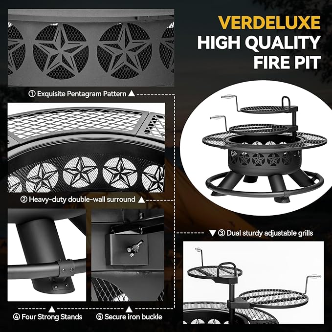 47 Inch Outdoor Fire Pit with 2 Grills, Extra Large BBQ Firepits for Outside, Metal Round Fire pits with Lid&Fire Poker,3 in 1 Wood Burning Outdoor Fireplaces for Backyard,Patio,Bonfire-VerdiqueGarden