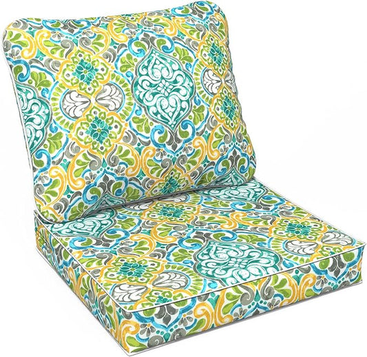 LVTXIII Outdoor Deep Seat Cushion Patio Seat and Back Cushion Set Seasonal Chair Cushion for Dining Arm Chairs, Wicker Chairs and Garden Furniture Decoration, 24"x24"x4", Damask Green-VerdiqueGarden