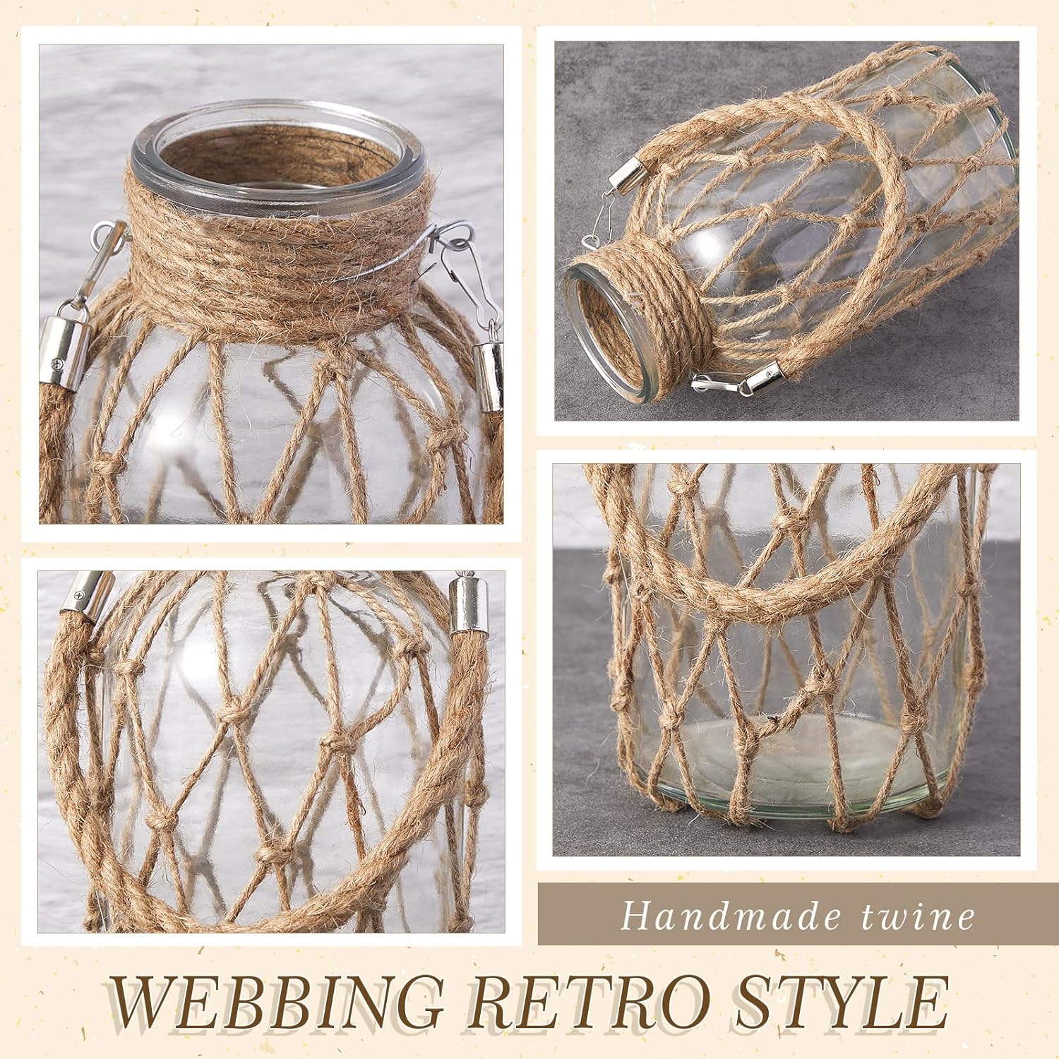 Set of 4 Rope Net Dry Flower Glass Vase 7.9 x 4 Inches Wicker Farmhouse Vase Coastal Decor for Wedding Tables Home Rustic Hanging Mason Jar Rope Wrapping Decorative Bottles Nautical Decor-VerdiqueGarden