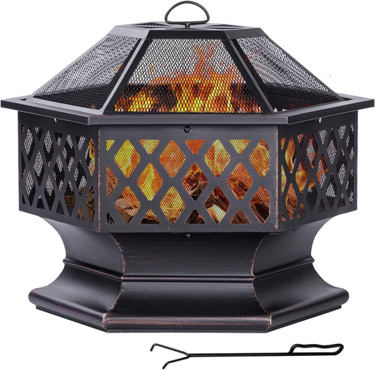 28Inch Outdoor Fire Pit, Hexagon Shaped Wood Burning Firepit for Outside Bonfire, Patio, Backyard and Camping (Antique Bronze)-VerdiqueGarden