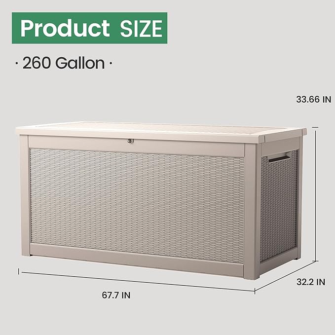 260 Gallon Storage Box, Waterproof Resin Deck Box with Steel Support & Hydraulic Rod, Lockable Storage Bench for Indoor & Outdoor Use, Storage Bin for Patio Cushions, Garden Tools, Grey-VerdiqueGarden