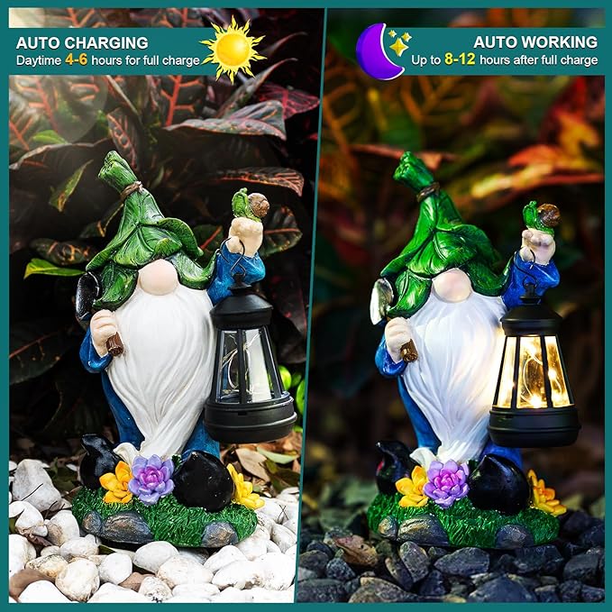 Garden Gnome Solar Figurine Lights - Solar Powered Lighting Outdoor Decorations with Lantern & Shovel, Yard Art Lawn Ornaments for Porch Patio Balcony - Gnome Gifts for Women Mom-VerdiqueGarden