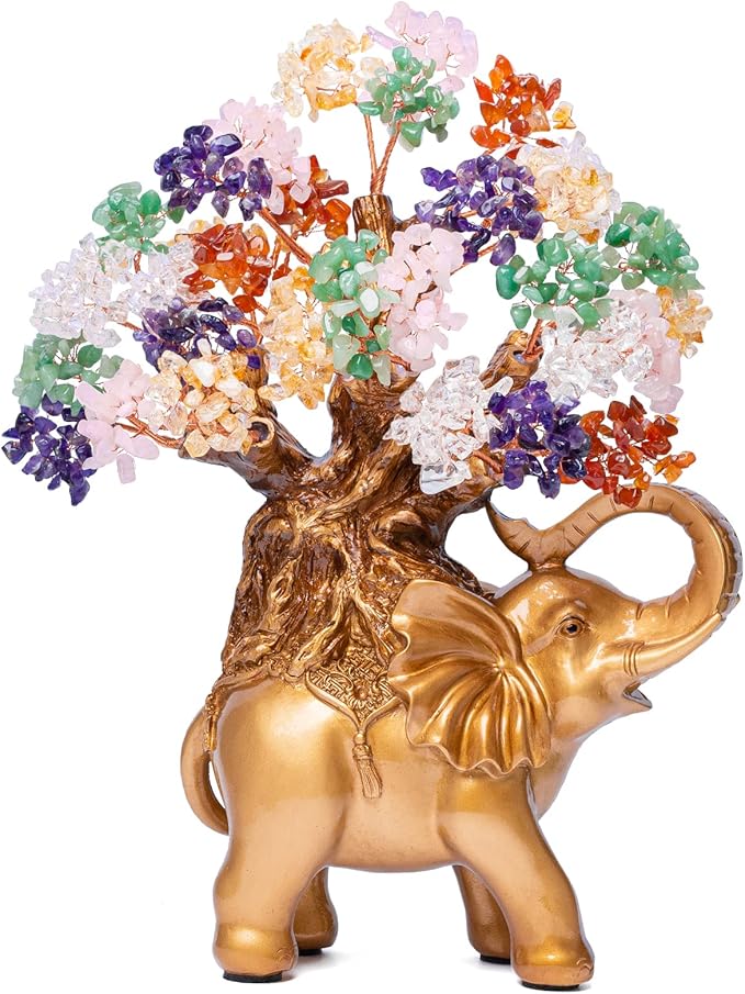 7 Chakra Crystal Money Tree on Gold Elephant Statue, 17”Large Gemstone Bonsai Tree of Life Home Décor Gifts for Wealth Positive Energy, Feng Shui Décor-VerdiqueGarden