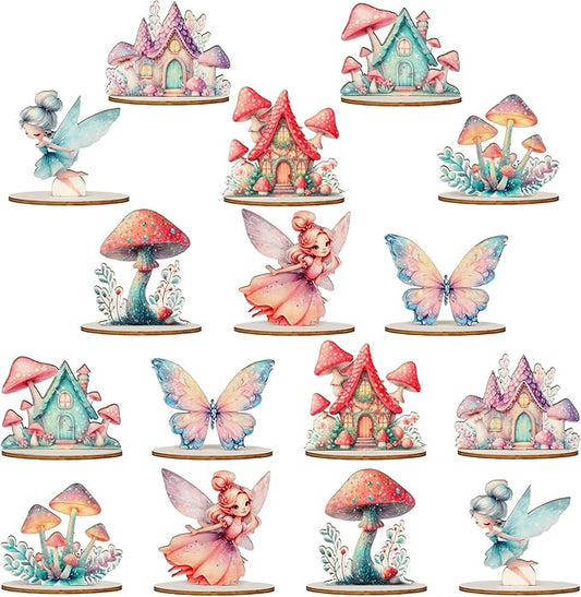 16 Pcs Fairy Party Decorations Wooden Fairies Centerpieces Table Topper Vintage Fairies Mushroom Butterfly Decorations for Home Table Woodland Forest Birthday Party Decor-VerdiqueGarden