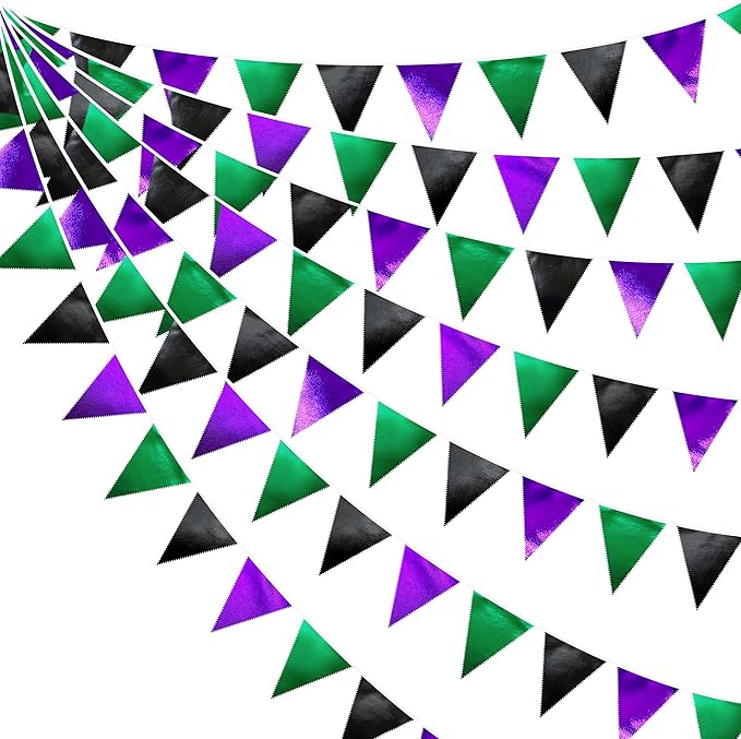 Black Purple Green Party Decorations Metallic Fabric Triangle Pennant Banner Flag Bunting for Boys Men Birthday Graduations Wedding Bachelorette Retirement Video Game Level Up Theme Party Supplies-VerdiqueGarden