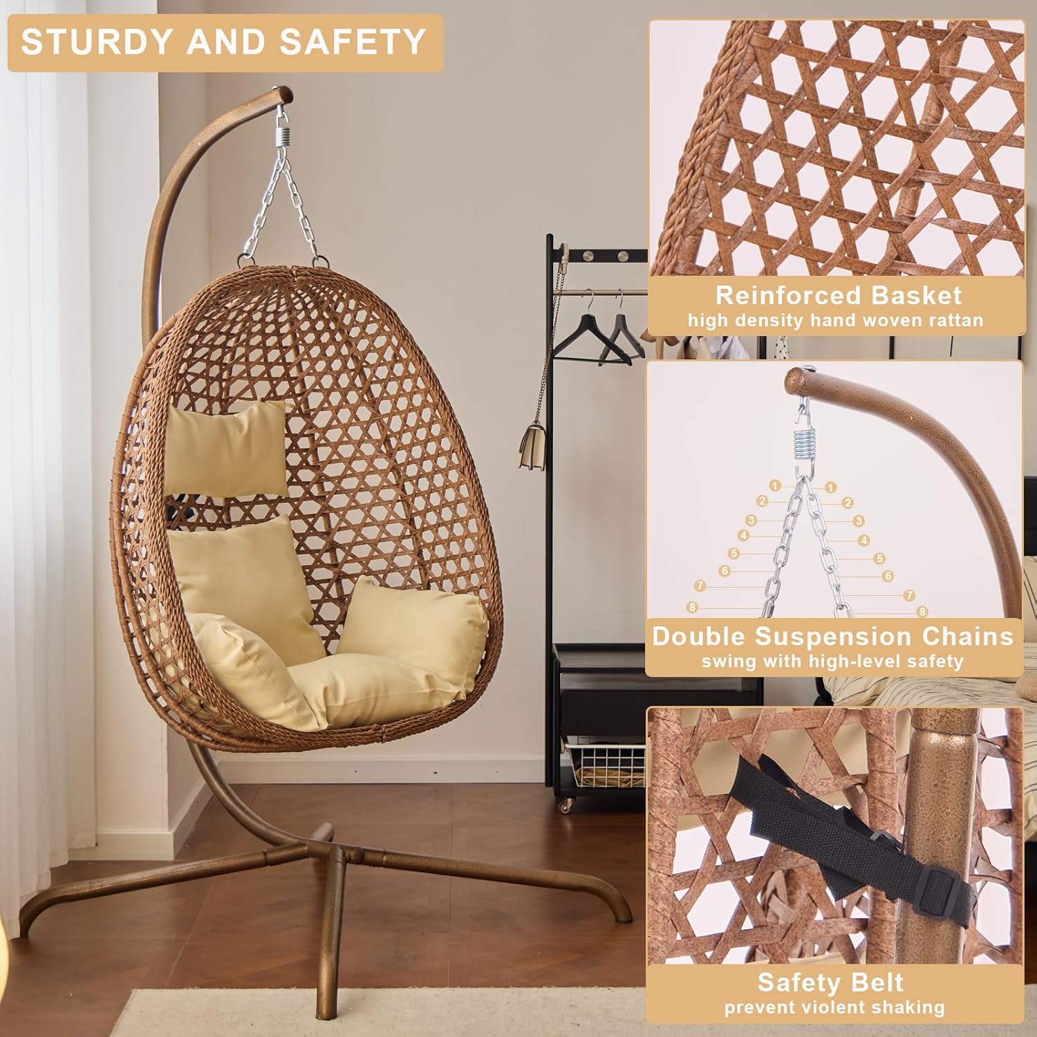 Indoor Hanging Chair with Stand for Bedroom, Hexagon Rattan Wicker Swing Egg Chair for Bedroom Porch Garden Patio Outdoor, Hammock Egg Swing Chair with Cushion,350LBS Capacity (Beige)-VerdiqueGarden