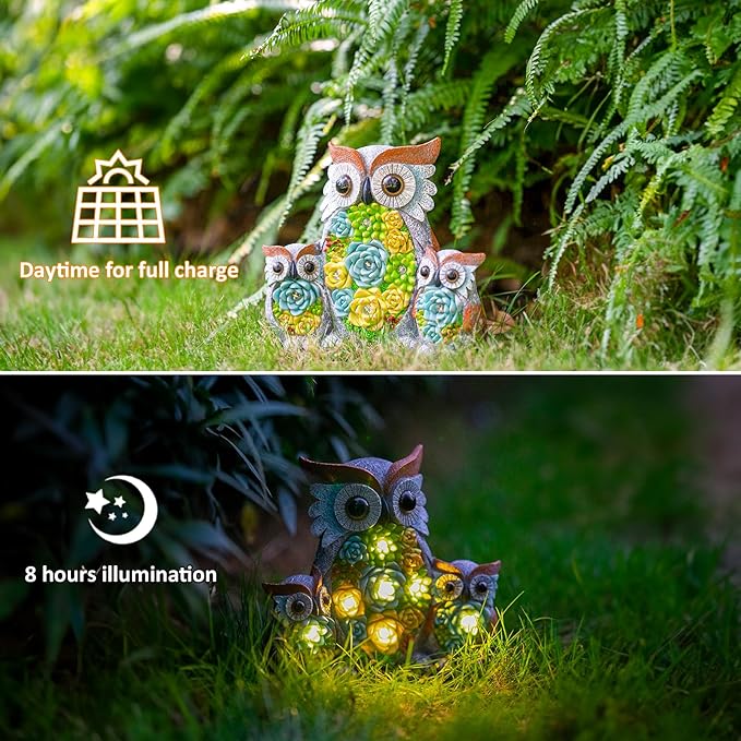 Solar Garden Statue Lights Owl Figurine with LED Lights, Outdoor Garden Succulent Ornaments Waterproof Decoration for Outside Patio Yard Lawn Decor-VerdiqueGarden
