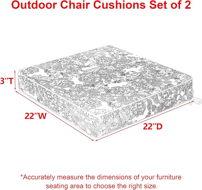 Favoyard Outdoor Chair Cushion 22 x 22 x 3 In Waterproof Pattern Fade Resistant Cushions for Patio Furniture with Removable Cover Attach Straps 28D Foam Insert Cushions Pads for Seat Sofa Couch 2 Pack-VerdiqueGarden
