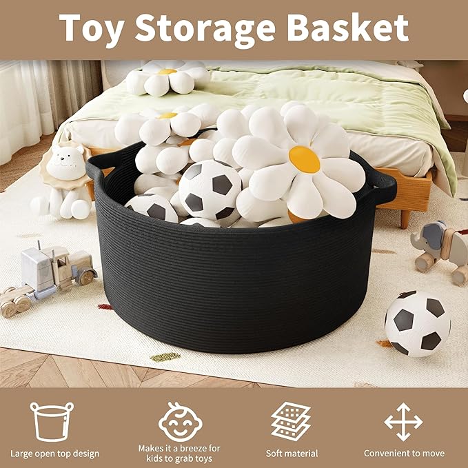 125L Extra Large Blanket Basket, 25" x 16", Jumbo Laundry Woven Baskets Decorative Home, Cotton Rope Basket with Handles, Baby Toy Baskets for Storage, Black, 2PC-VerdiqueGarden