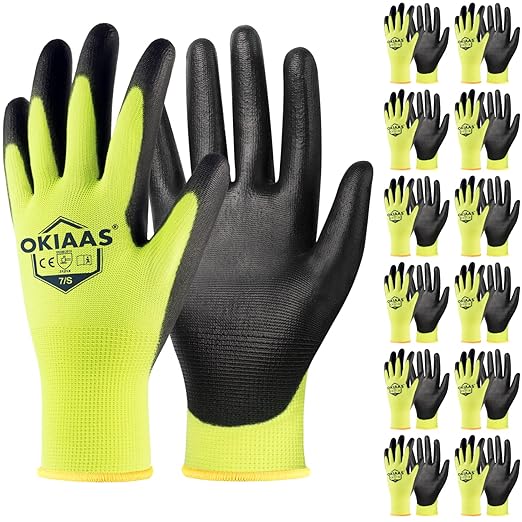 OKIAAS Work Gloves for Men - Ultra Thin and Lightweight With Grip, 12 Pairs Bulk Pack Construction With Polyurethane Coating, Safety for Light Duty Work (Green, Small)-VerdiqueGarden