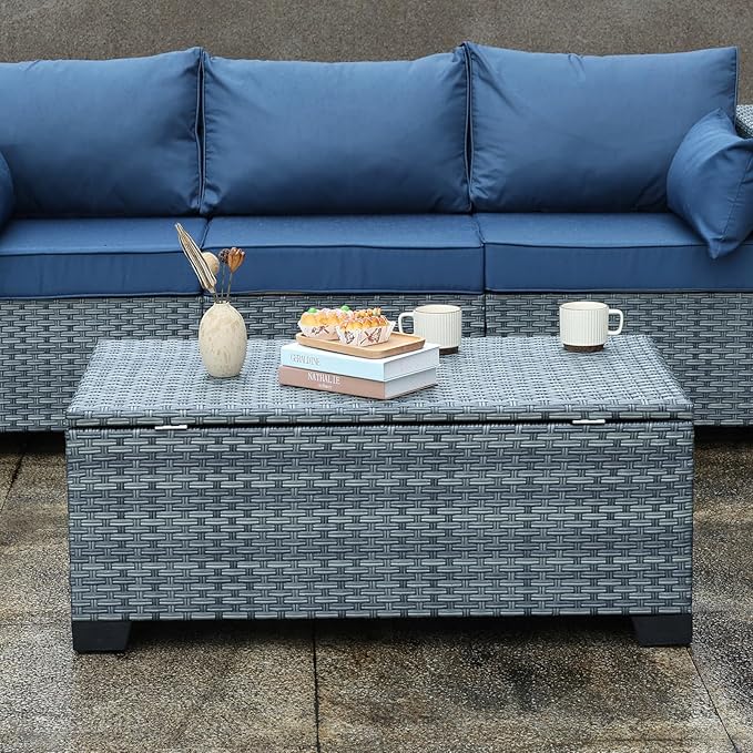 Outdoor Storage Table Wicker Patio Coffee Table All-Weather Rattan Side Table with Waterproof Cover, Grey-VerdiqueGarden