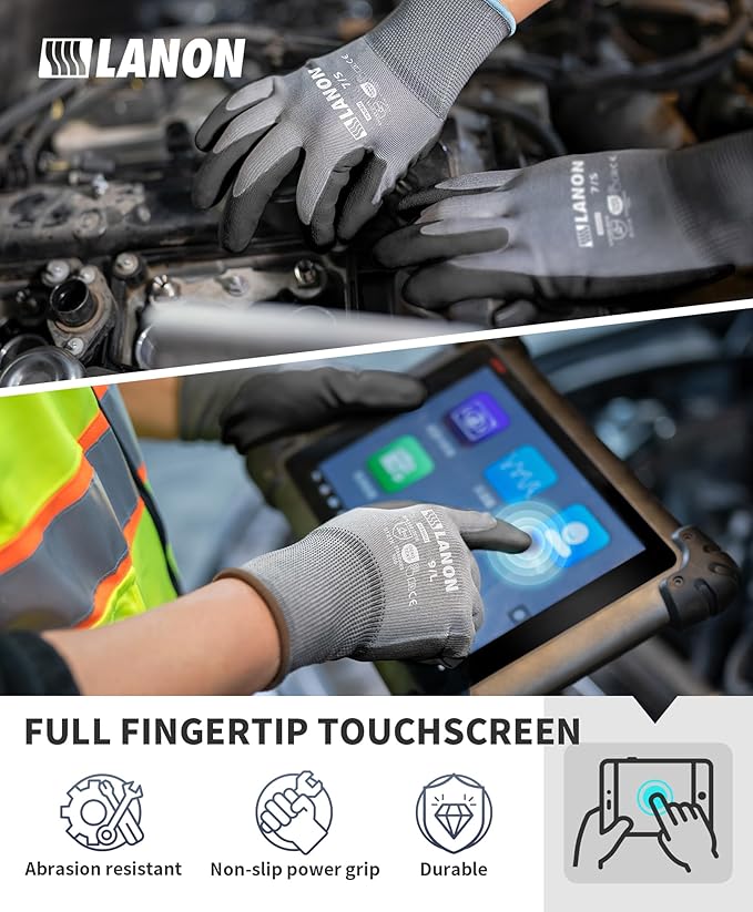LANON 18 Pairs Safety Work Gloves, Mechanic Working Gloves for Men,Breathable PU Coated, Seamless Knit,Double Wash, Grey, Medium-VerdiqueGarden