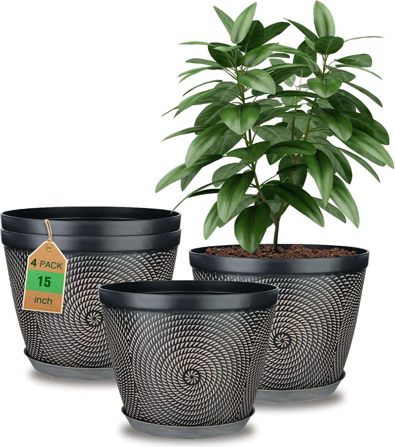 Quarut 15 Inch 4 Pack Large Plant Pots, Plastic Flower Pot for Indoor & Outdoor with Drainage Holes & Saucer, Circle Pattern Planters Garden Pots for Herbs-VerdiqueGarden