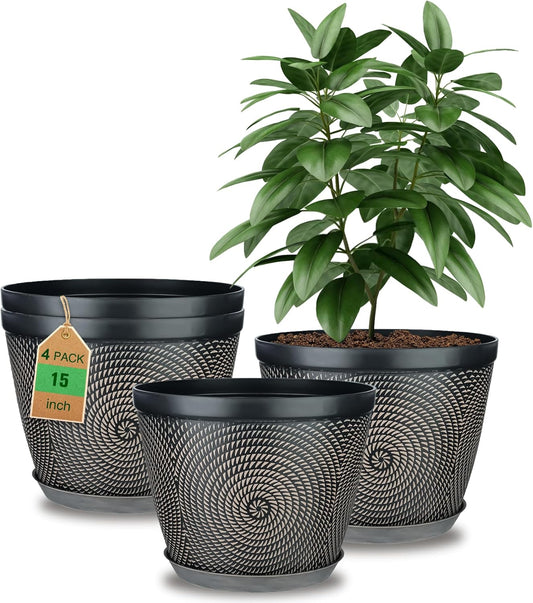 Quarut 15 Inch 4 Pack Large Plant Pots, Plastic Flower Pot for Indoor & Outdoor with Drainage Holes & Saucer, Circle Pattern Planters Garden Pots for Herbs-VerdiqueGarden