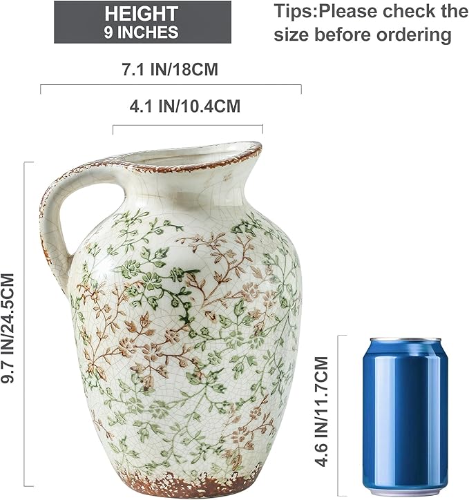 Enra Vintage vase,Ceramic Chinoiserie Floral Vase,Green and Beige Decorative Flower vase,Large Rustic Vases for Home Decors, Living Room, Bookshelf, Office，9.7 inch-VerdiqueGarden