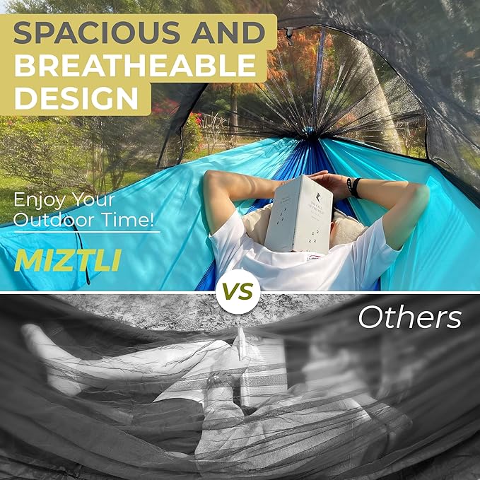 Miztli Camping Hammock -Portable Hammock w/Spacious Net & Tree Straps w/Adjustable Loops, Double and Single Hammock for Outdoor, Indoor, Hiking and Travel-VerdiqueGarden