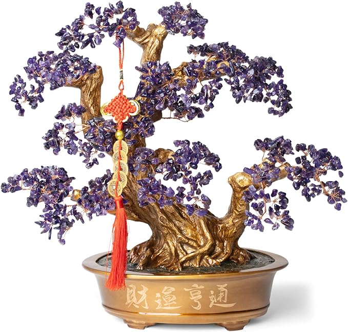 Natural Amethyst Gemstone Crystal Bonsai Tree of Life （1,350 Gemstone Count） Large Feng Shui Money Chakra Tree for Luck and Wealth Desk Decoration 20 Inches-VerdiqueGarden