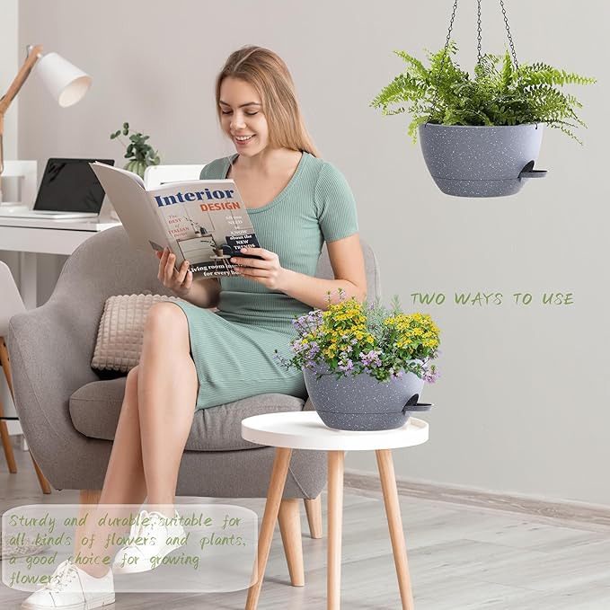 12 Inch Hanging Baskets 2 PC with Chains, Self-Watering Hanging Planters for Indoor Outdoor Plants, Plastic Hanging Flower Pots,Speckled Grey-VerdiqueGarden