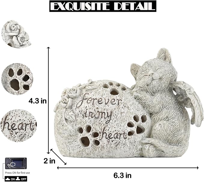 Cat Memorial Gifts Outdoor Statue with Solar Lights,Outdoor Resin Pet Ornament Grave Memorial Angel Decor Stone Effect-VerdiqueGarden
