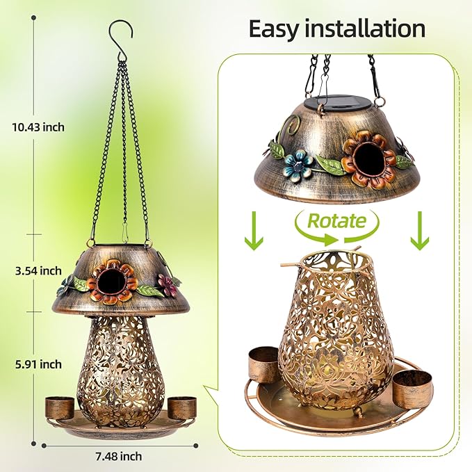 Mushroom Solar Bird Feeders for Outdoors Hanging Metal Wild Bird Feeder Garden Lantern with S Hook for Garden Decoration Brown-VerdiqueGarden