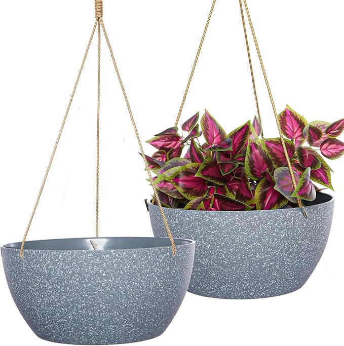 12 Inch 2 Pack Large Hanging Planters for Indoor Outdoor Plants, Plastic Hanging Basket Pots for House Plants Flowers, Grey-VerdiqueGarden