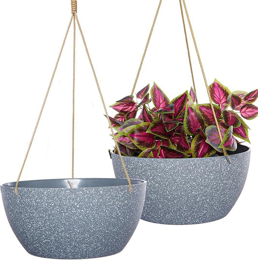 12 Inch 2 Pack Large Hanging Planters for Indoor Outdoor Plants, Plastic Hanging Basket Pots for House Plants Flowers, Grey-VerdiqueGarden