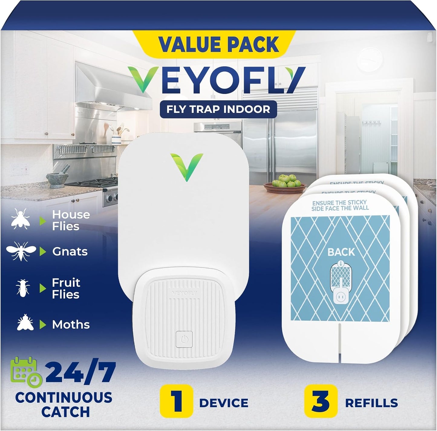 VEYOFLY Fly Trap Indoor, Fruit Fly Traps for Indoors, (1 Device + 3 Refills) Gnat Traps for House Indoor, Fly Catcher Indoor, Plug in Light Flying Insect Trap, Bug Light Killer, Fly Trap-VerdiqueGarden