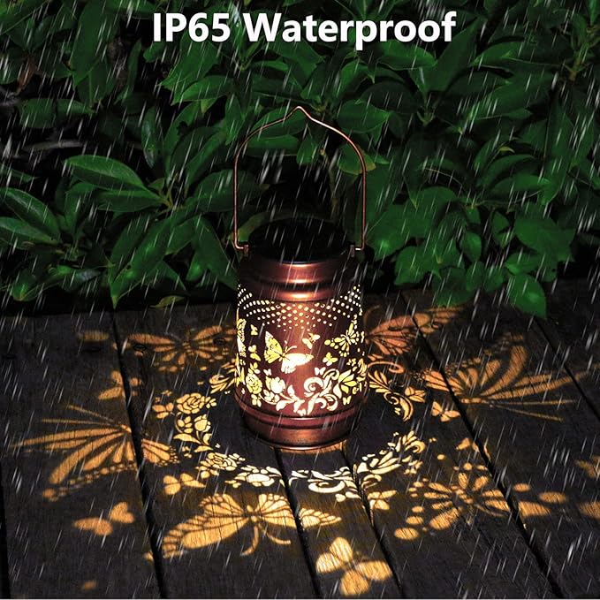 2 Pack Solar Butterfly Lanterns Outdoor Hanging Decor Lantern,Waterproof Hollow Out Retro Metal Decorative Garden Light,Graceful Decoration for Patio,Yard,Landscape,Festival-VerdiqueGarden