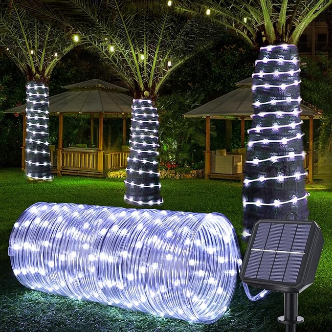 Solar Rope Lights, 66ft 200LED String, 8 Modes Waterproof Powered Outdoor, Flexible Clear Tube for Garden, Backyard, Patio, Deck, Porch, Pool, Tree Decorative - White-VerdiqueGarden