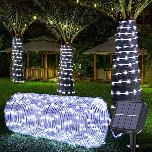 Solar Rope Lights, 66ft 200LED String, 8 Modes Waterproof Powered Outdoor, Flexible Clear Tube for Garden, Backyard, Patio, Deck, Porch, Pool, Tree Decorative - White-VerdiqueGarden
