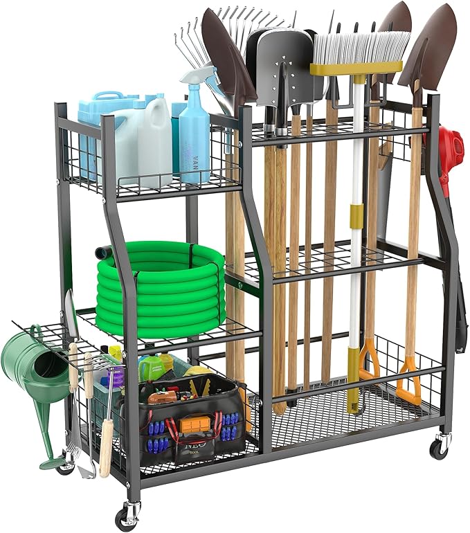 WALMANN Garden Tool Organizer with Wheels for Garage, Large Storage Capacity, Rakes/Shovels/Yard Tools Storage Stand for Shed, Garden, Indoor/Outdoor Long-Handled Tools Rolling Cart-VerdiqueGarden