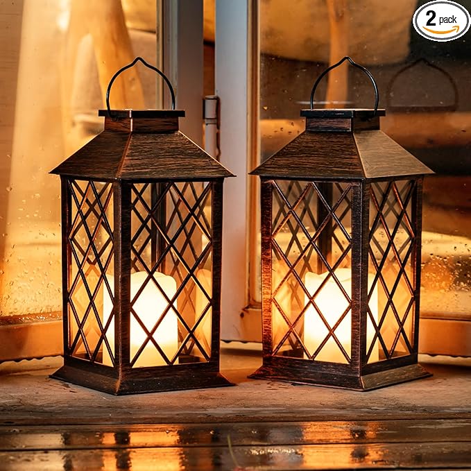 Homemory Solar Lanterns Outdoor Waterproof Hanging with Flickering Flameless Candles, 2 Pack 13'' Garden Outdoor Lantern Decorative for Patio Front Porch Backyard Balcony Cabin Outside(Antique Copper)-VerdiqueGarden
