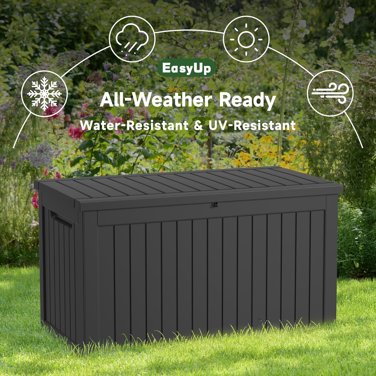230 Gallon Outdoor Storage Box Waterproof, UV Resistant Resin Deck Box with Hydraulic Rod, Reinforced Stability for Patio, Garden,Striped Black-VerdiqueGarden