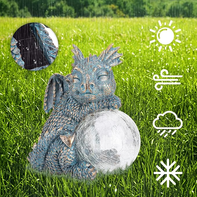 WONDER GARDEN Dragon Statue - Sleeping Dragon Figurines Solar Light Resin Garden Statues with Crackled Glass Globe Outdoor Waterproof Lawn Ornament Decor-VerdiqueGarden