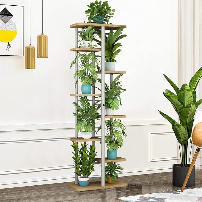 LINZINAR Plant Stand 8 Tier 9 Potted Multiple Flower Pot Holder Shelf Indoor Outdoor Planter Rack Storage Organizer for Patio Garden Corner Balcony Living Room (8 Tier-9 Potted, White)-VerdiqueGarden