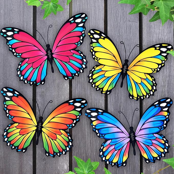 Oraytteo Metal Butterfly Wall Outdoor Decor - 4pcs 9.8inch Hanging Butterflies Wall Art Sculptures for Indoor and Outdoor Fence Patio Yard Home Wall Decorations, Gift for Mom Dad Friends-VerdiqueGarden