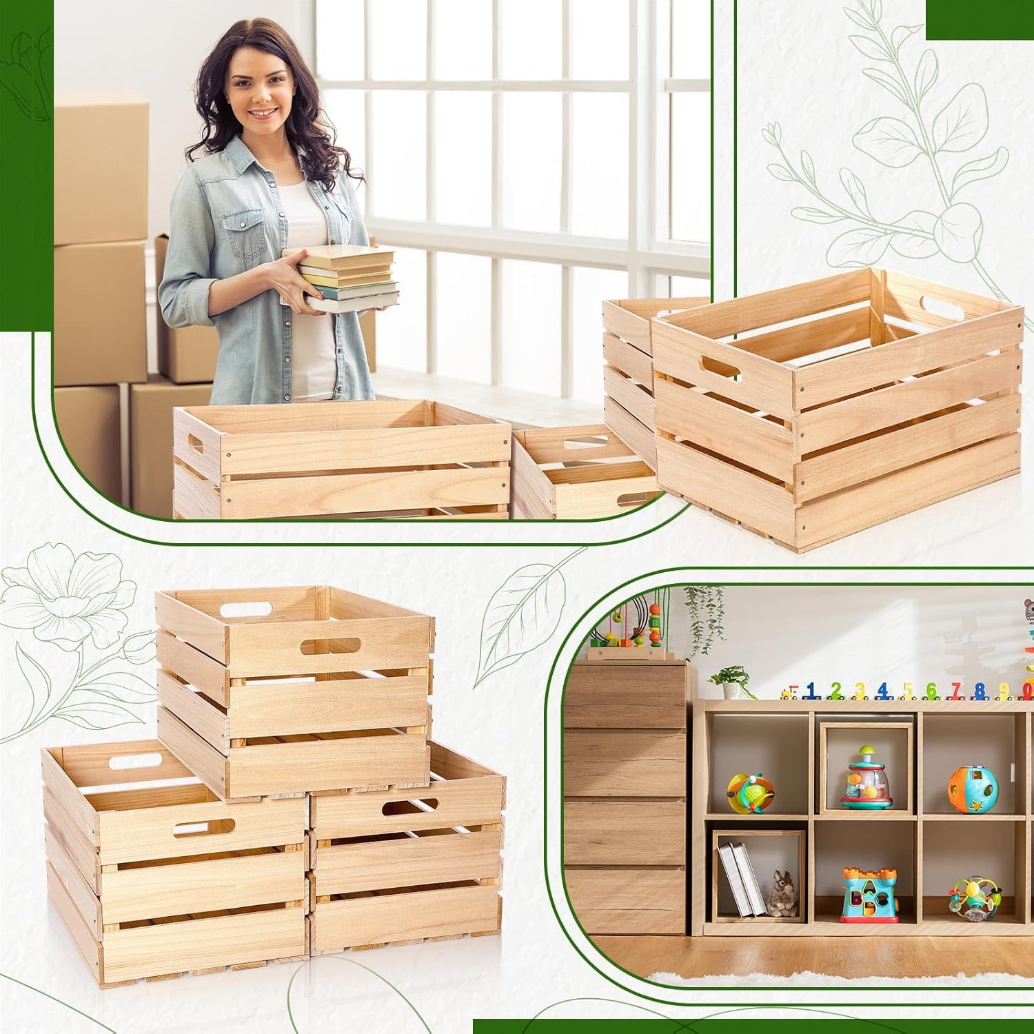 Weysat 3 Pack Large Wood Crates Box for Storage Unassembled 20 x 14 x 11'' Wooden Milk Crates with Handles Decorative Nesting Box for Display Unfinished Rustic Decor DIY Office Home Retail Art Craft-VerdiqueGarden