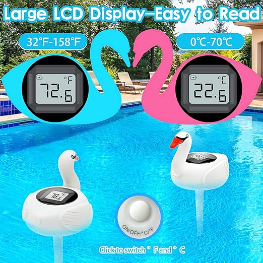 KingSom Digital Pool Thermometer,Solar Pool Thermometer Floating Easy Read with Color Changing Swan Light,Floating Pool Thermometer with Large LCD Screen and String,Pond Water Temperature Thermometer-VerdiqueGarden
