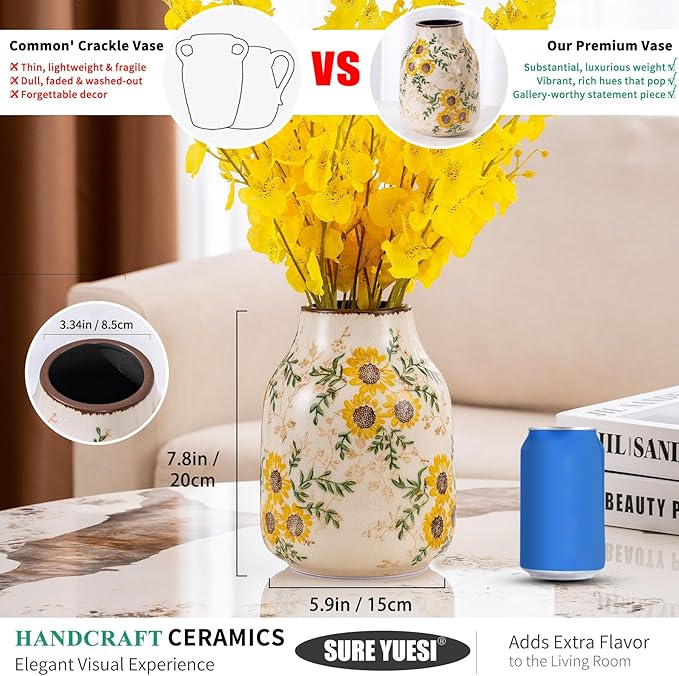 Sunflower Vintage Ceramic Yellow Floral Vase, Beige and Green Chinoiserie Home Decor for Fireplace Mantle, Table Centerpieces, Kitchen Counter, Tuscan, Cute Flower Vase for Living Room Office 7.8 Inch-VerdiqueGarden