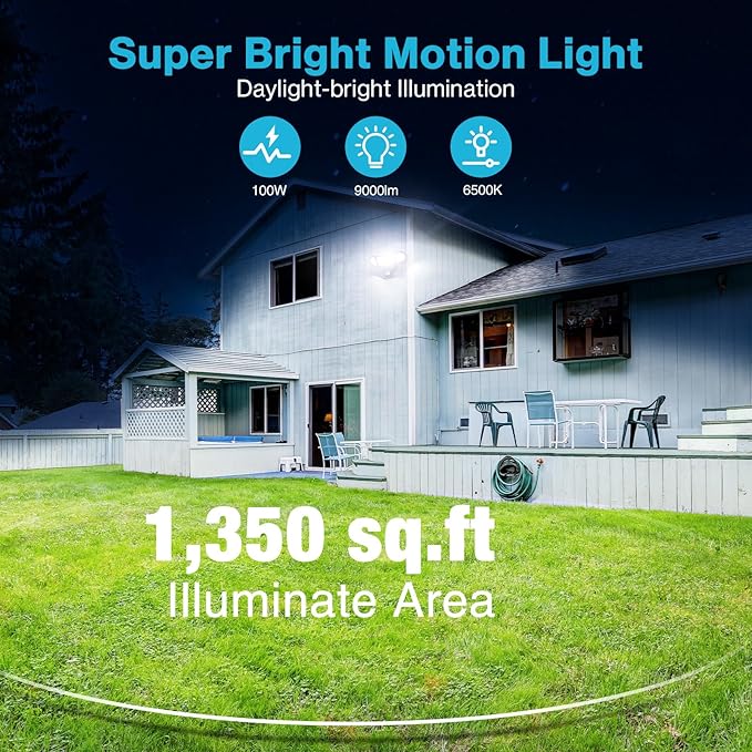 Olafus 100W LED Security Light Motion Sensor Outdoor Light, Motion Flood Light Dusk to Dawn, 9000LM Super Bright 6500K Exterior Motion Detector Floodlight for Garage Yard Porch Eave IP65, Black-VerdiqueGarden