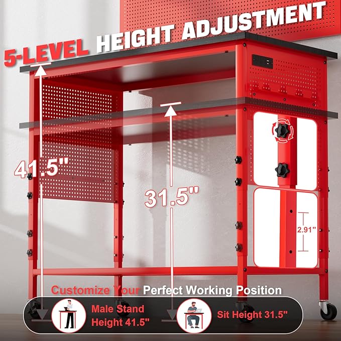47" Heavy Duty Adjustable Workbench with Power Outlets, Pegboard & Locking Wheels - 2100LB Capacity Garage Work Table, Compatible with Milwaukee Battery, Reinforced Steel Frame for Workshop & Home Use-VerdiqueGarden