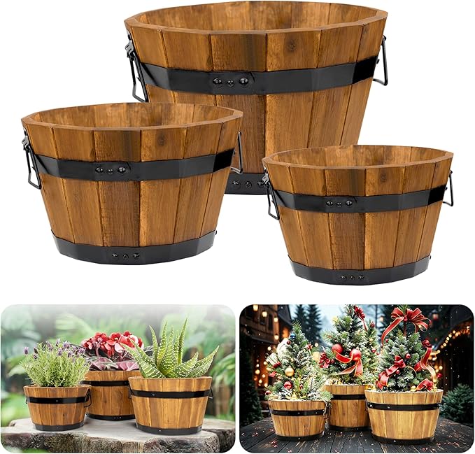 Idzo Set of 3 Wooden Flower Boxes Outdoor, Durable Acacia Wood Barrel Planters for Outdoor Plants with Ergonomic Handles, Drainage Holes, Multiple Sizes Wood Bucket Planter Light Brown-VerdiqueGarden