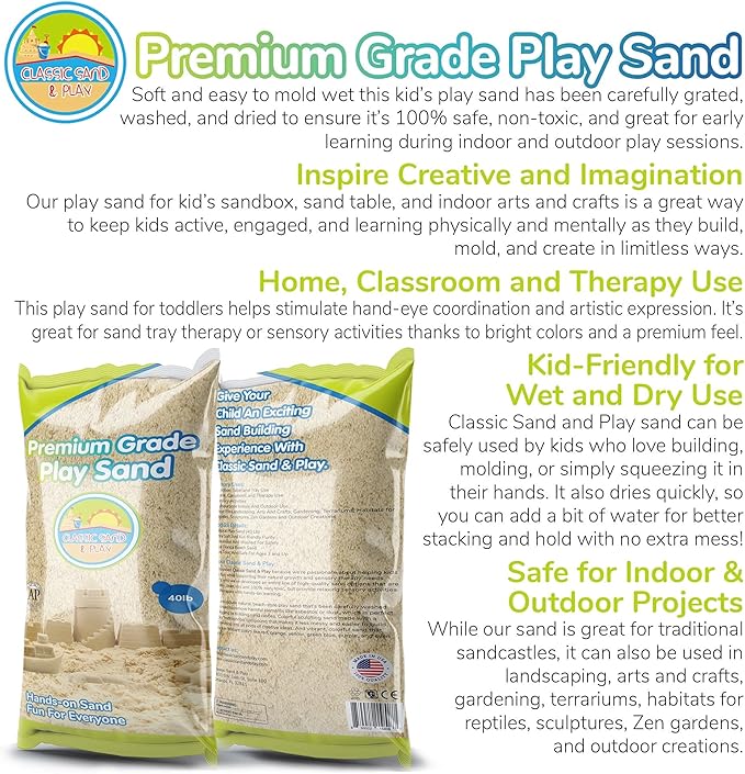 Classic Sand and Play Sand for Sandbox, Table, Therapy, and Outdoor Use, 40 lb. Bag, Natural, Non-Toxic, Wet Castle Building for Creativity and Stimulates Sensory Skills-VerdiqueGarden