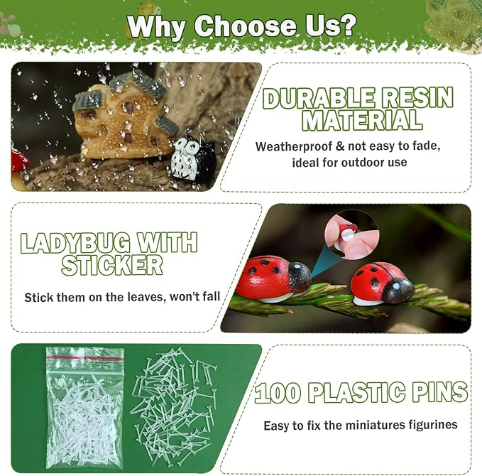 Modacraft 200Pcs Miniature Fairy Garden Accessories Including 100Pcs Fixed Pins, Fairy Garden Kit Fairy House Animal Figurines Mini Landscape for Garden Dollhouse Potted Plant Bonsai Terrarium Décor-VerdiqueGarden